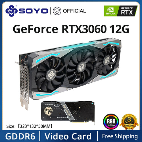 SOYO Full New RTX 3060 12GB GDDR6 NVIDIA GPU 192bit DP*3 PCI Express X16 4.0 Gaming Video Graphics Card Desktop Computer Card arcade y mandos